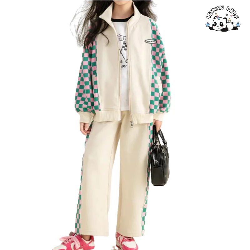 LEZONKIDS - Customized Girls' Casual Suit Checkerboard Loose Stitching Two-piece Sweatsuit Kids Clothing Set